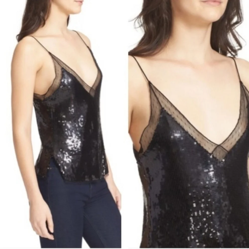Free People Anthropologie Sassy Eras Tour Sequins Camisole Cami Tank Top Black L